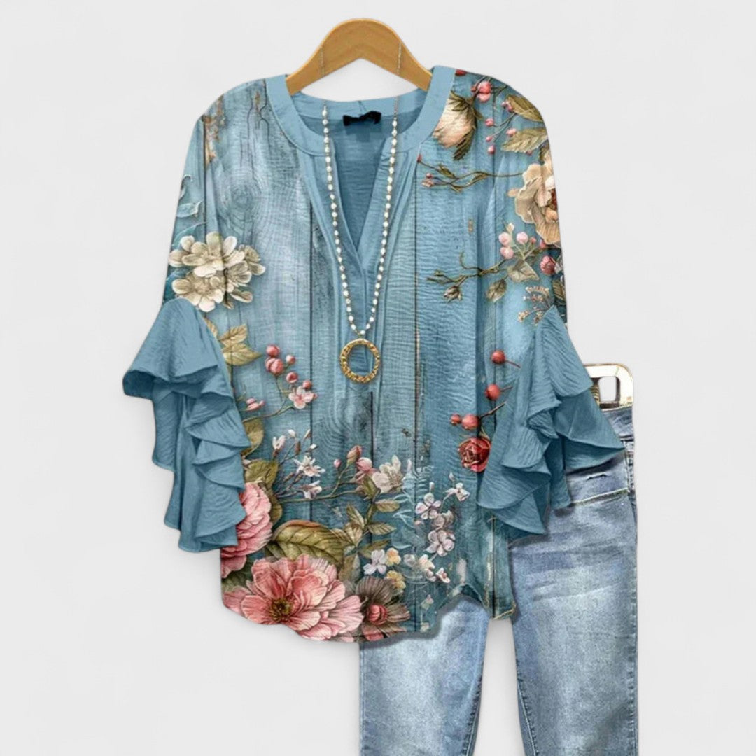 Dorvelli | Women's V-Neck Blouse – Ruffle Sleeve Top
