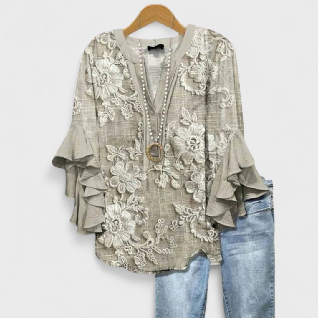 Dorvelli | Women's V-Neck Blouse – Ruffle Sleeve Top