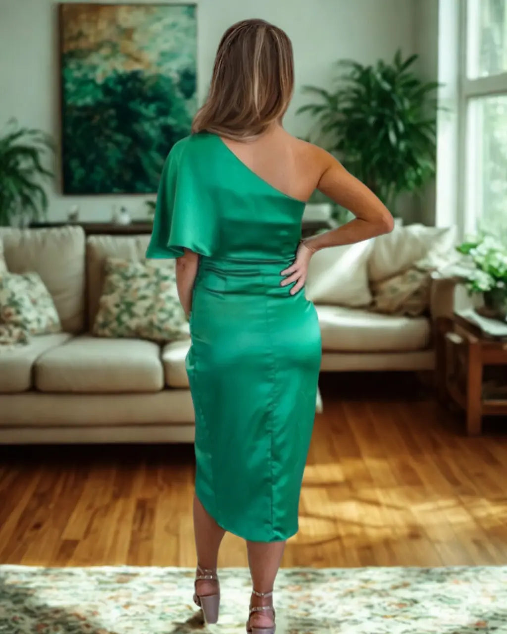 Dorvelli | Women’s Wedding Guest Midi Dress – One-Shoulder Draped Wrap