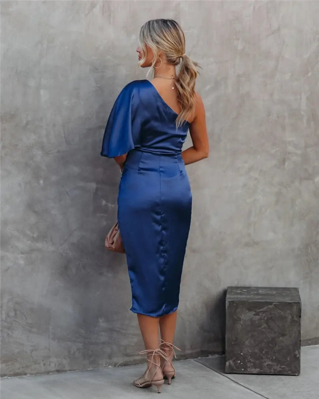 Dorvelli | Women’s Wedding Guest Midi Dress – One-Shoulder Draped Wrap