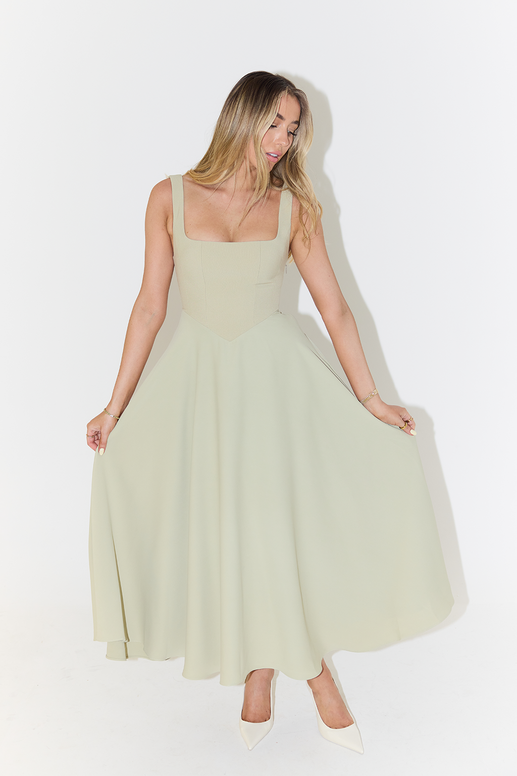 Dorvelli | Women’s Wedding Guest Midi Dress – Square-Neck Pleated