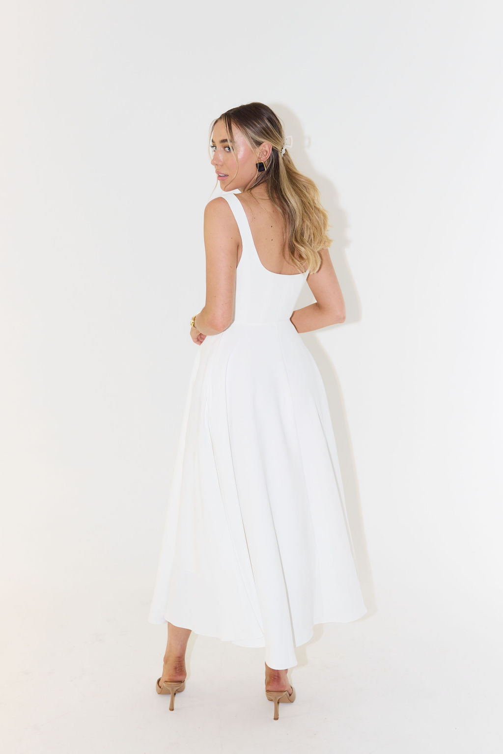 Dorvelli | Women’s Wedding Guest Midi Dress – Square-Neck Pleated
