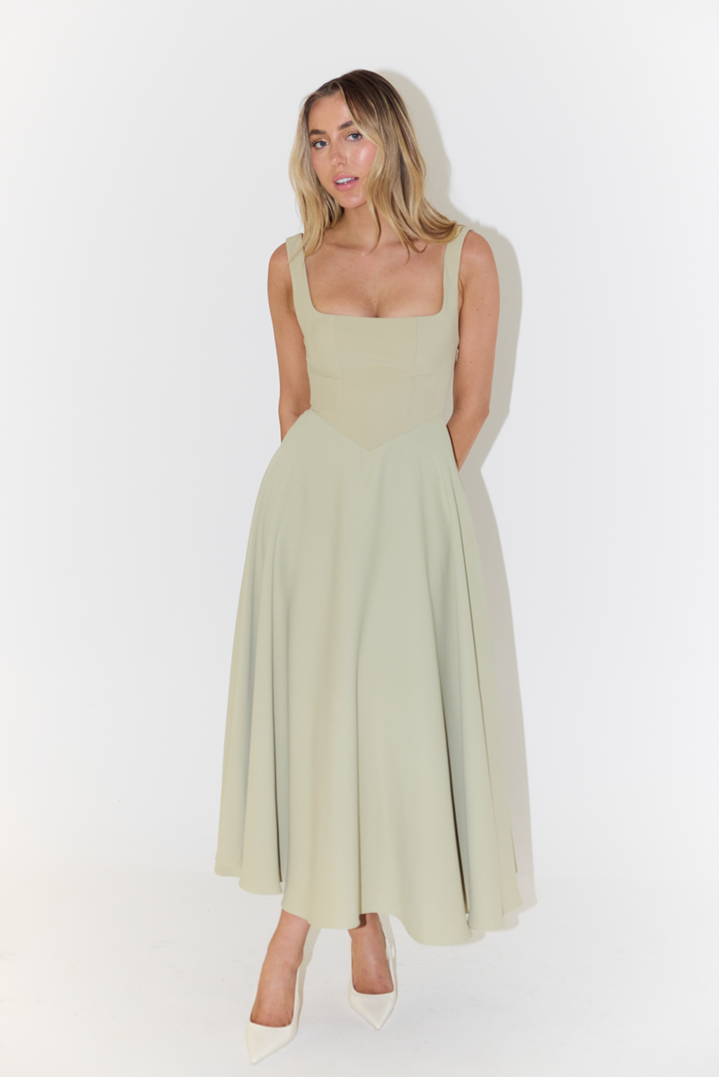 Dorvelli | Women’s Wedding Guest Midi Dress – Square-Neck Pleated