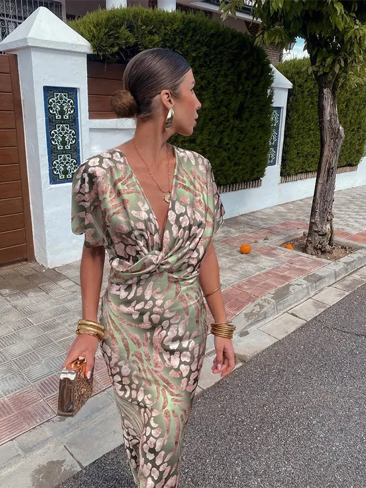 Dorvelli | Women’s Wedding Guest Midi Dress – Twist-Front Print