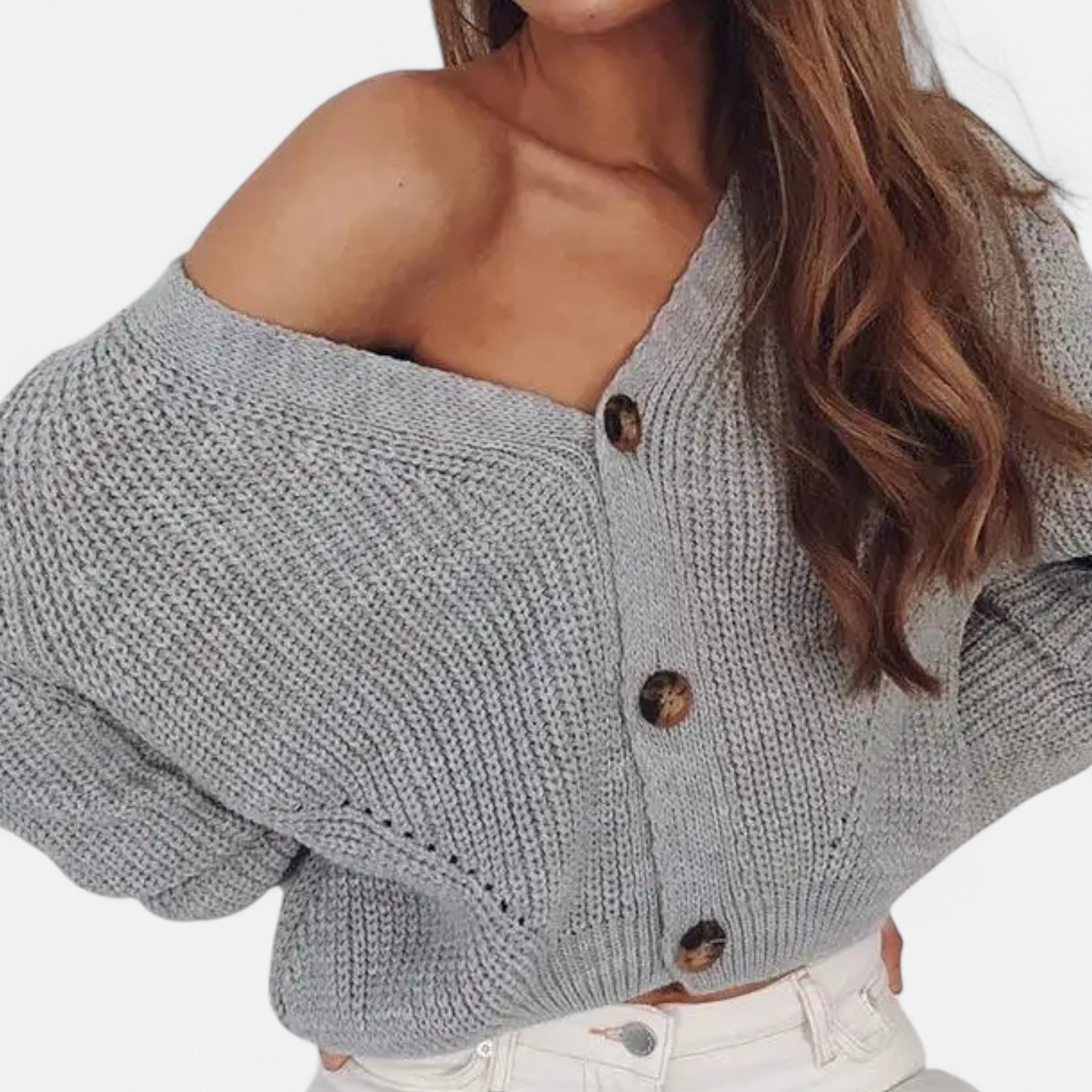 Dorvelli | Women’s Cardigan – Deep Collar Lantern Sleeve Elegance