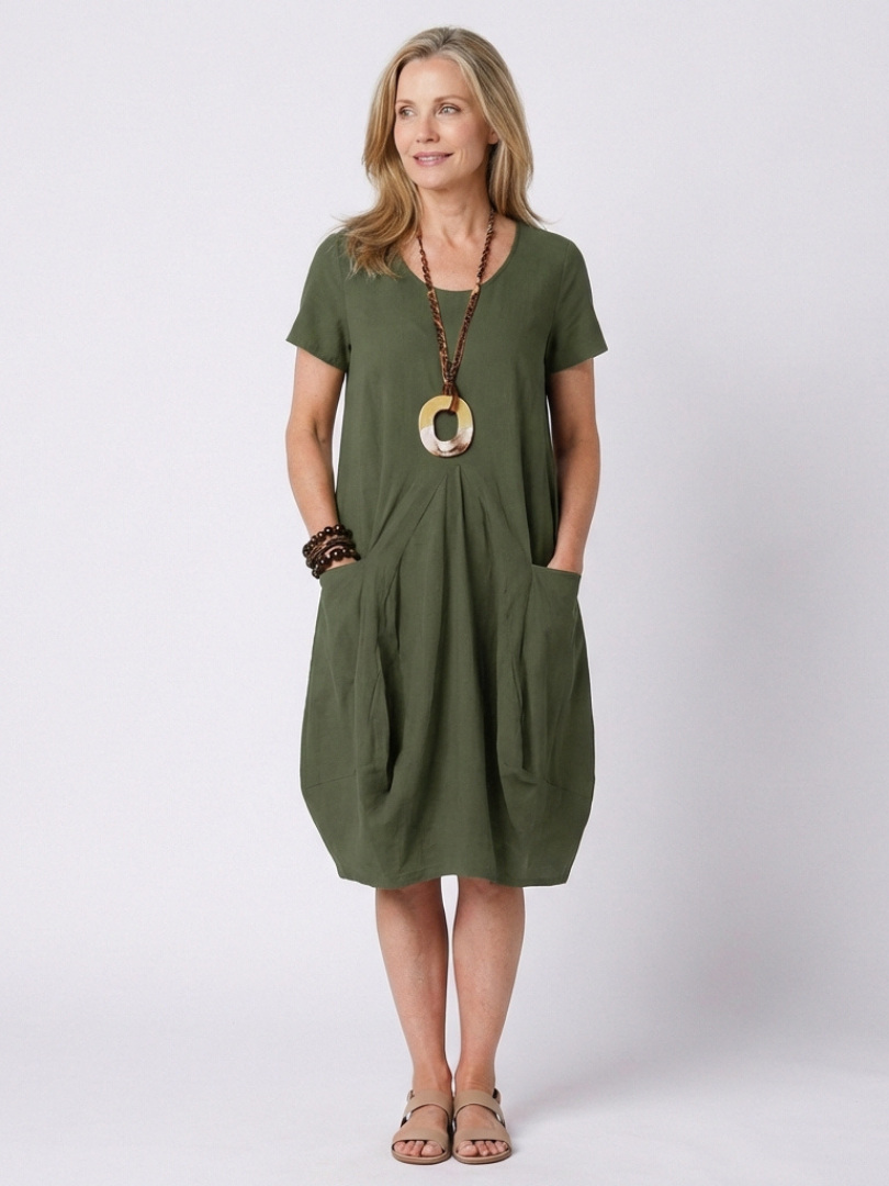 Dorvelli | Women’s Midi Dress – Pleated Short-Sleeve Elegance