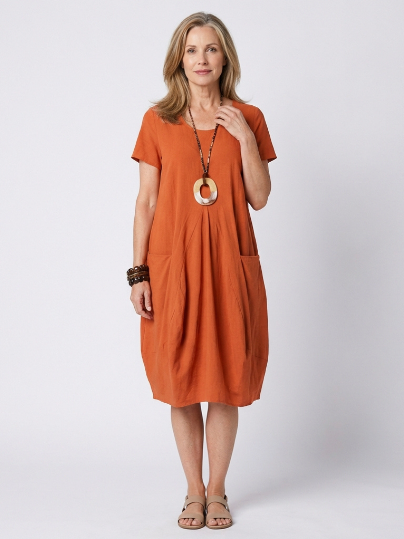 Dorvelli | Women’s Midi Dress – Pleated Short-Sleeve Elegance