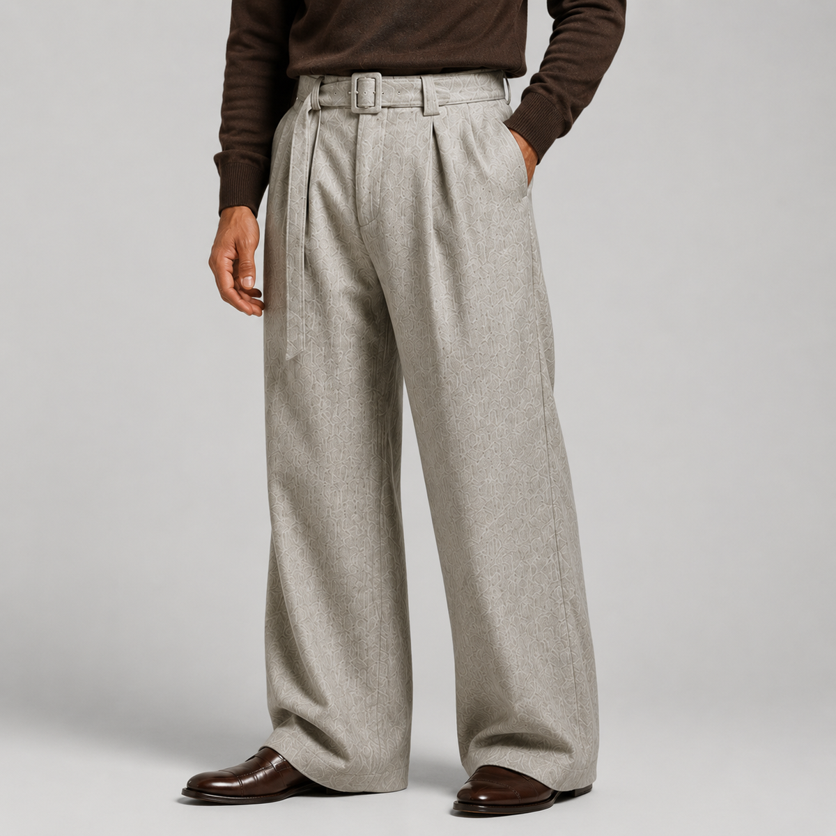 Ellison Belted High-Waist Pleated Trousers – Men's Relaxed Straight Leg Tailored Pants