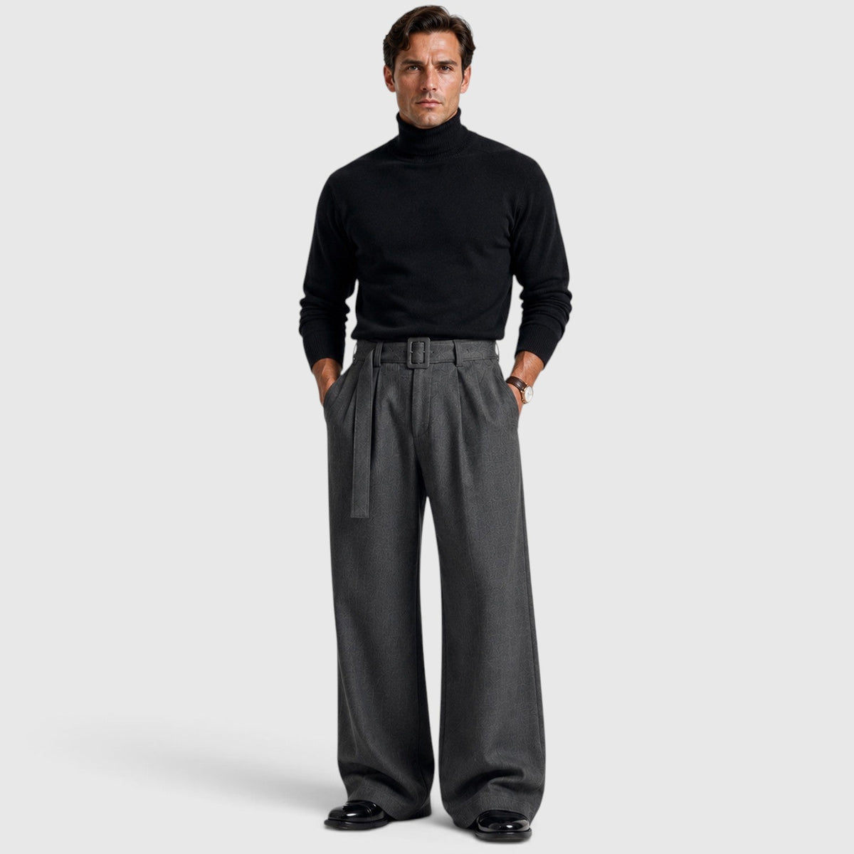 Ellison Belted High-Waist Pleated Trousers – Men's Relaxed Straight Leg Tailored Pants