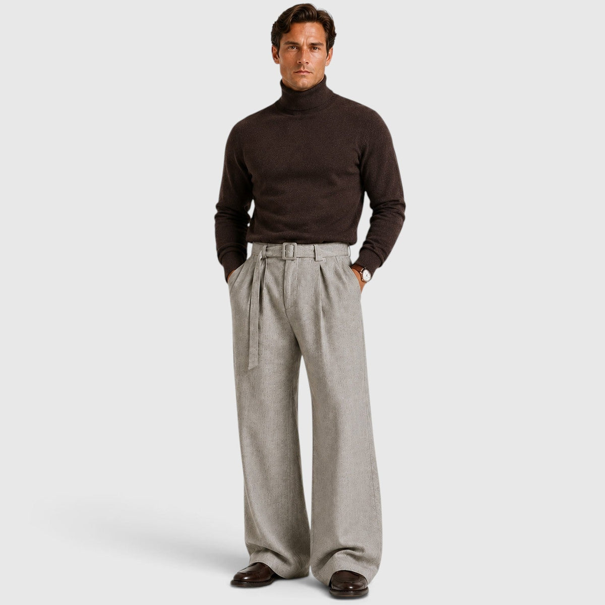 Ellison Belted High-Waist Pleated Trousers – Men's Relaxed Straight Leg Tailored Pants