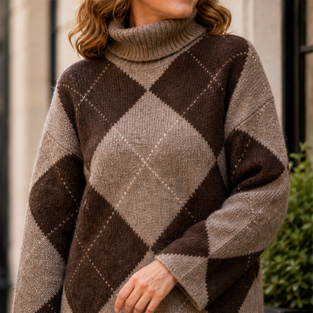 Elodie Argyle Knit Set – Turtleneck Jumper and Mini Skirt Brown