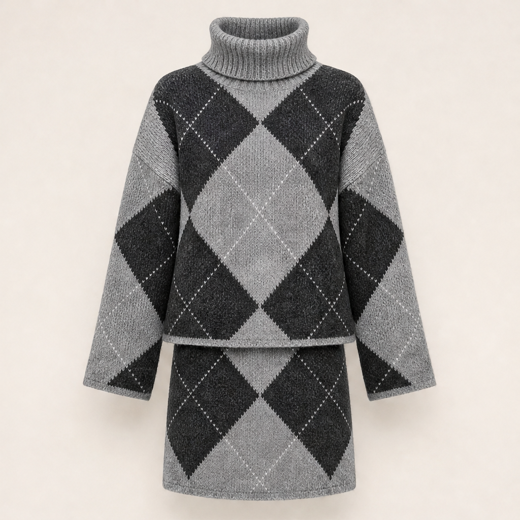 Elodie Argyle Knit Set – Turtleneck Jumper and Mini Skirt Grey