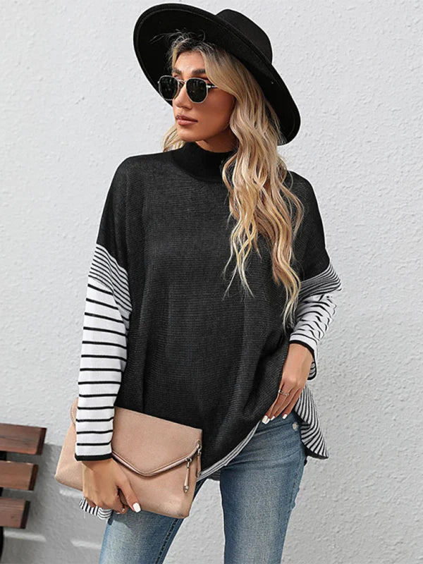Elspeth Patchwork Stripe Mock Neck Knit Top – Drop Shoulder Long Sleeve | Dorvelli