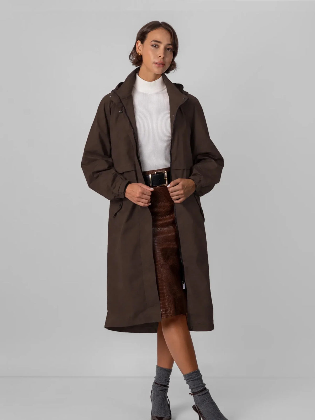 Esme Longline Hooded Raincoat – Mocha Brown