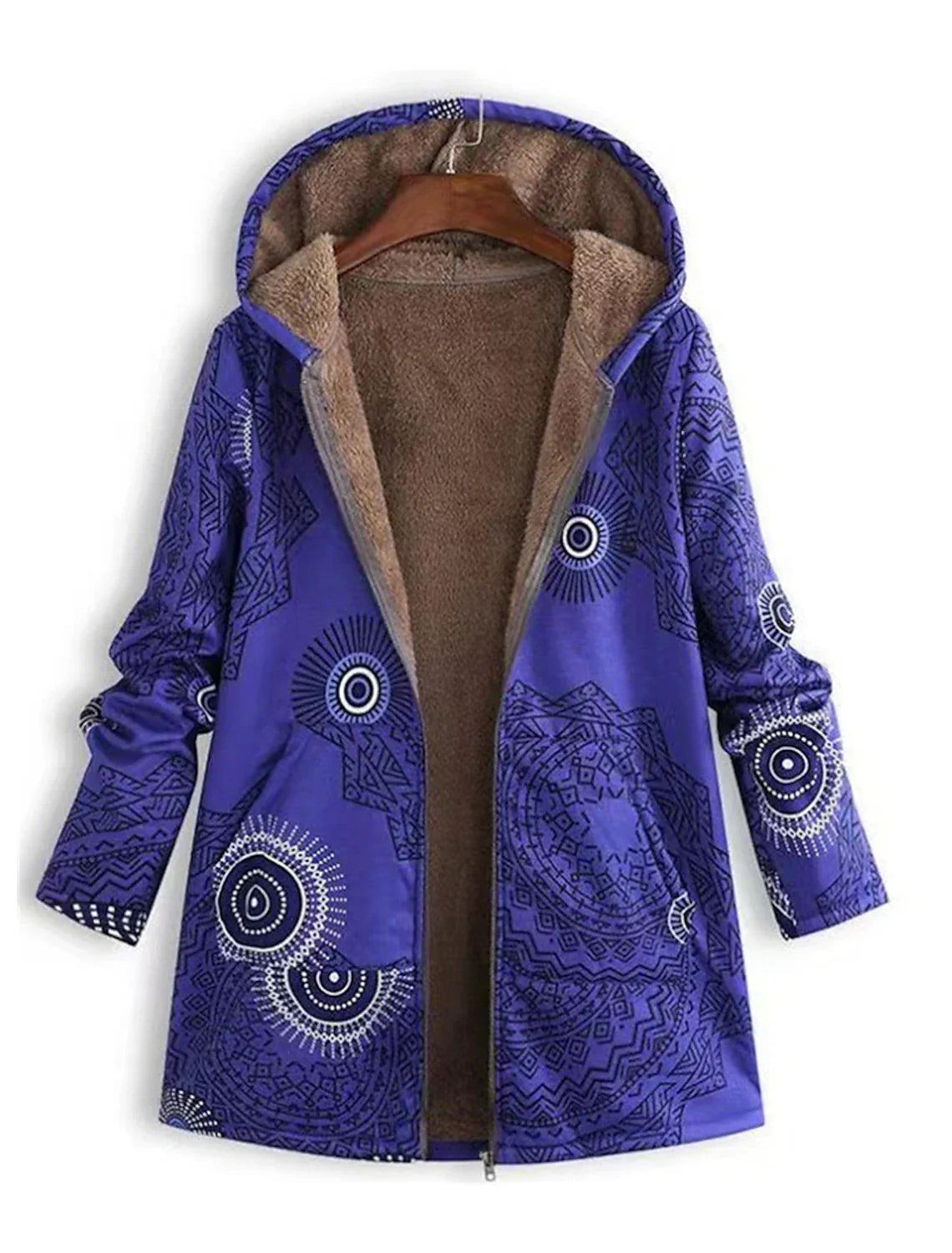 Esmeray Mandala Print Hooded Parka – Plush Lined Mid-Length Front Pockets