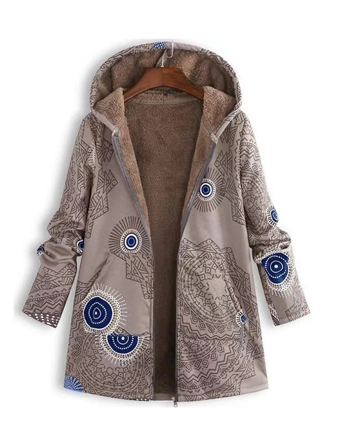 Esmeray Mandala Print Hooded Parka – Plush Lined Mid-Length Front Pockets