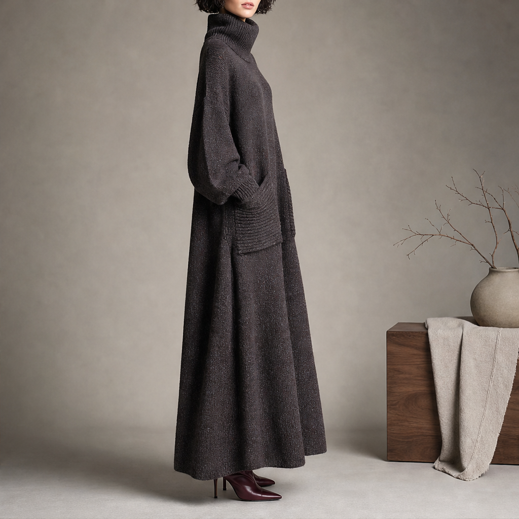 Evangeline Funnel Neck Knit Maxi Dress – Long Sleeve Front Pockets