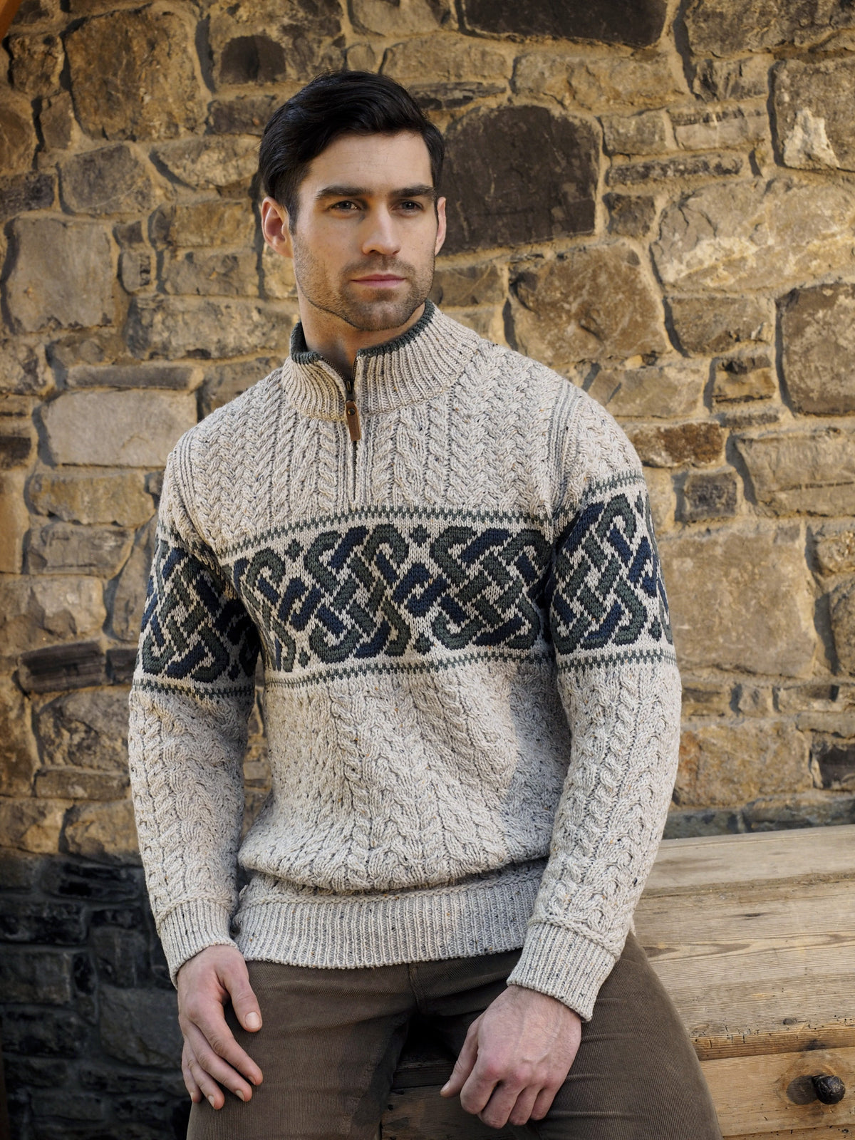 Ewan Jacquard Band Half-Zip Jumper – Men's Nordic Pattern Knit Sweater