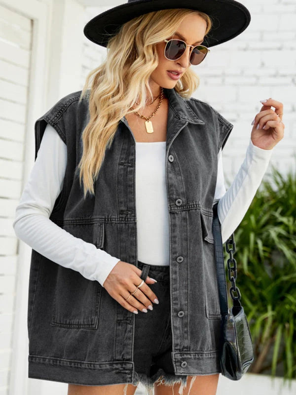Fabienne Button-Up Sleeveless Utility Jacket – Patch Pockets Faded Finish | Dorvelli