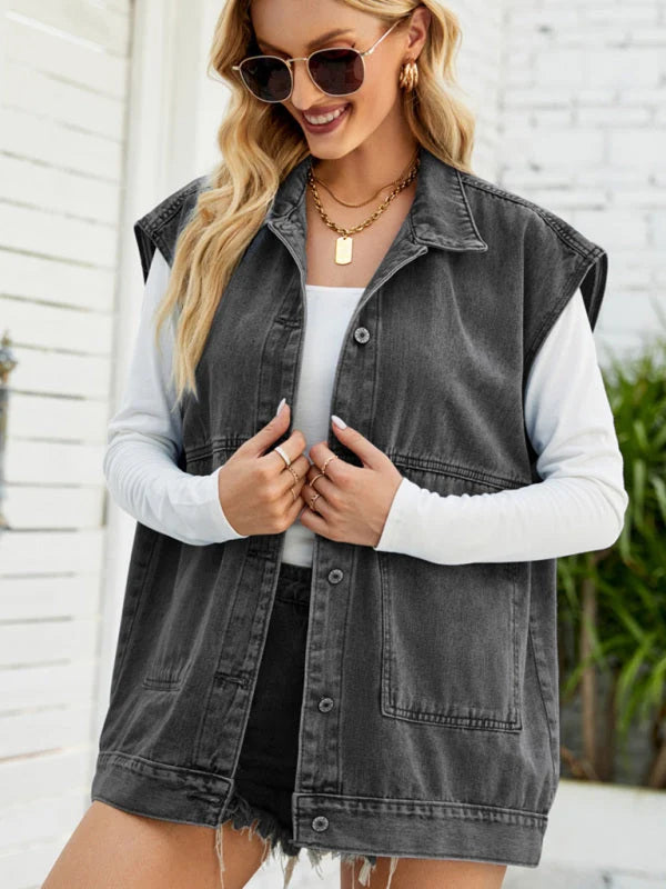 Fabienne Button-Up Sleeveless Utility Jacket – Patch Pockets Faded Finish | Dorvelli