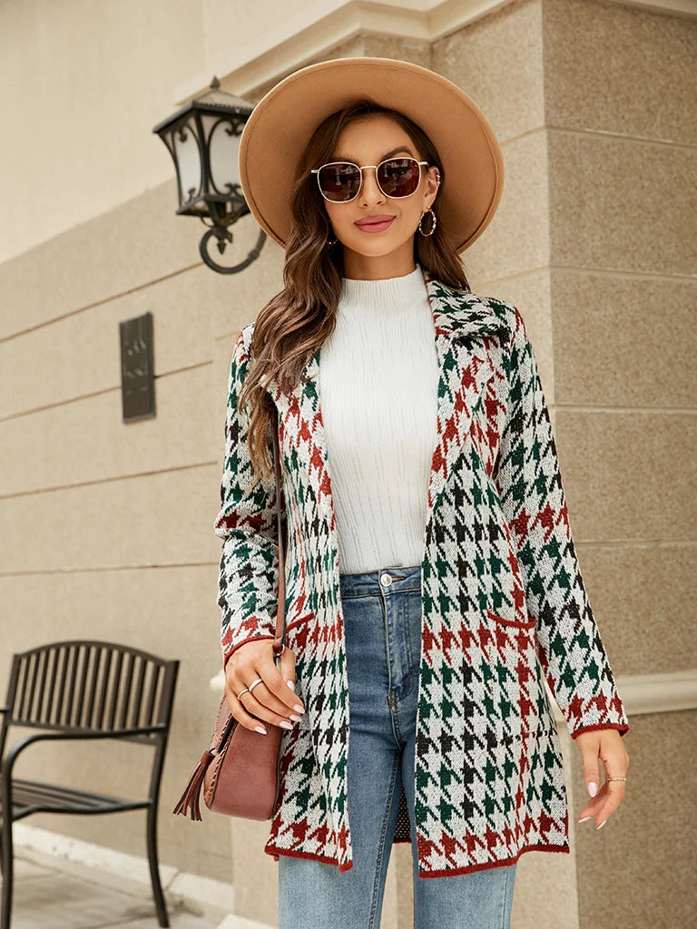 Fabienne Notch Lapel Houndstooth Knit Coat