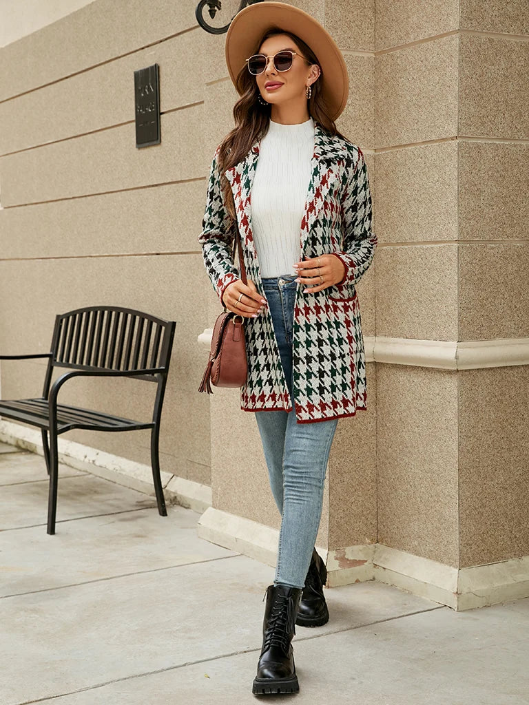 Fabienne Notch Lapel Houndstooth Knit Coat