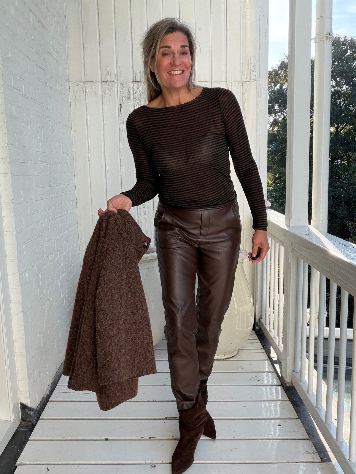 Fenna Sheer Fine-Stripe Top – Fitted Long Sleeve Layering Top – Dark Brown