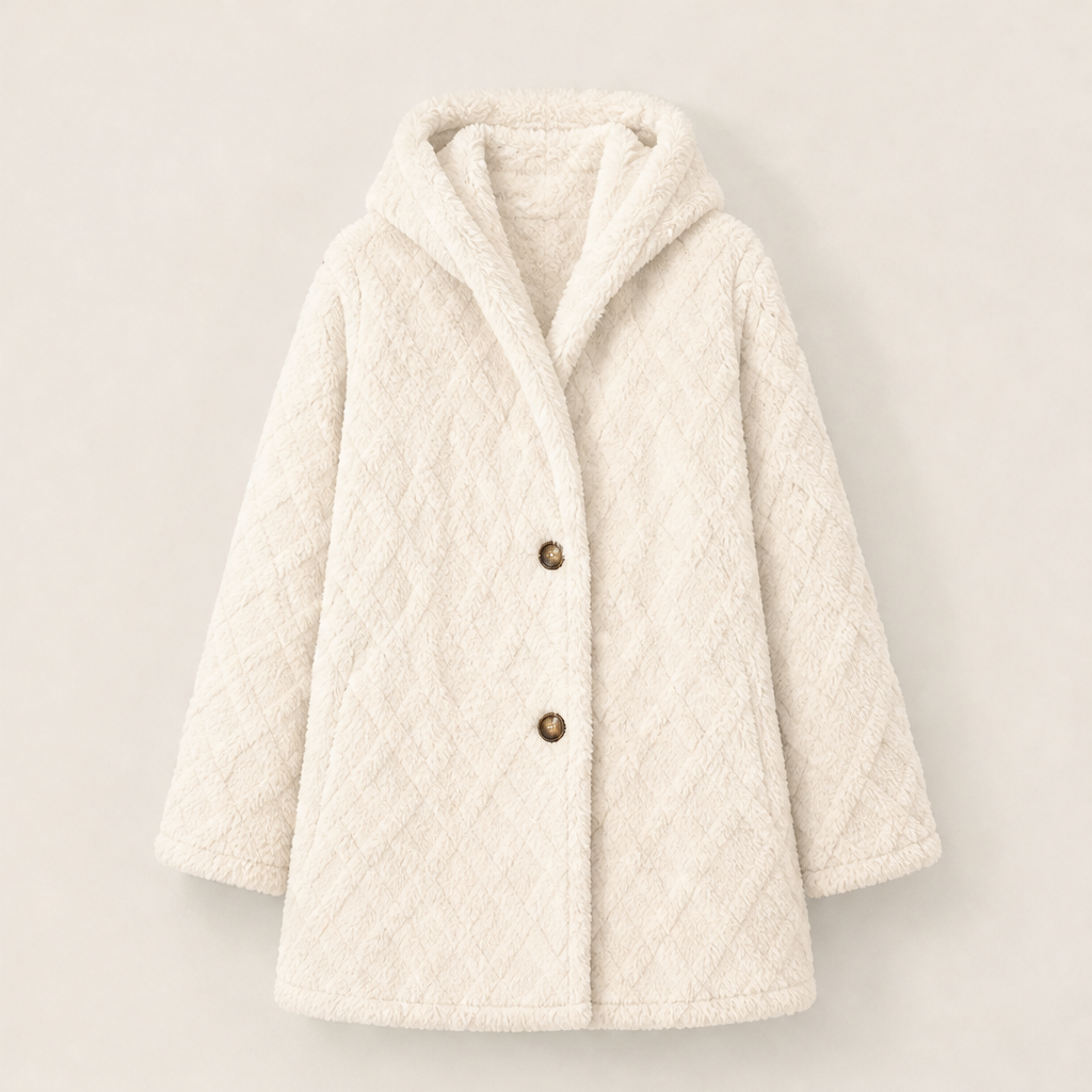 Fenwick Plush Hooded Jacket – Diamond Quilted Double Button – Beige