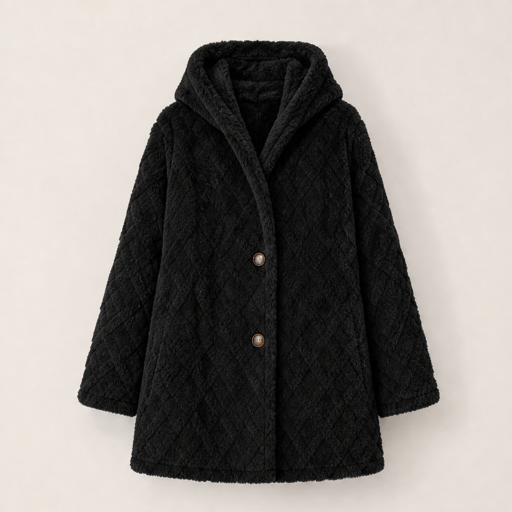 Fenwick Plush Hooded Jacket – Diamond Quilted Double Button – Black