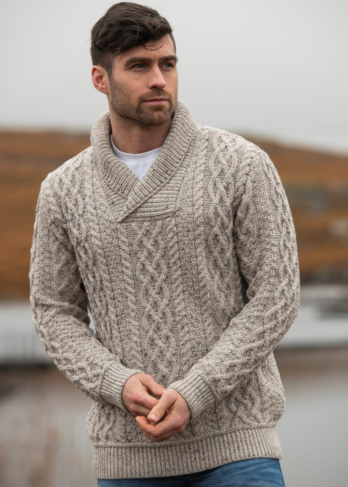 Alistair Shawl Collar Cable Knit Jumper – Men's Aran Pattern Winter Sweater - Beige