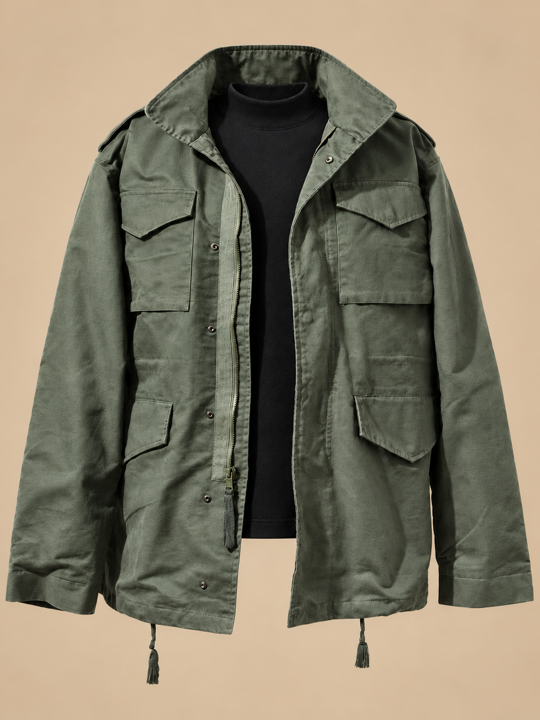 Fitzroy Utility Field Jacket – Stand Collar Four Flap Pockets Drawstring Hem – Army Green