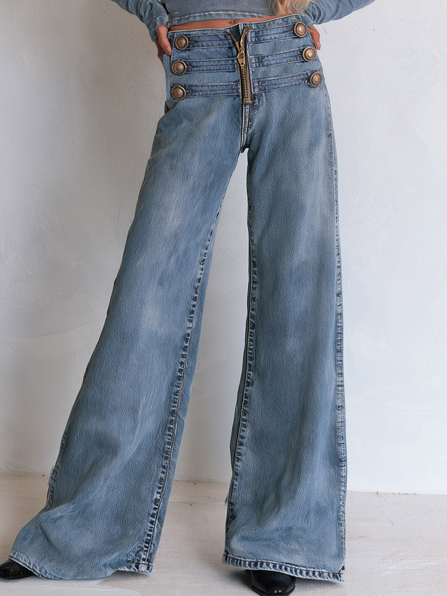 Florence Straight-Leg Jeans – Button Fly Ribbon Detail Casual Fit – Blue