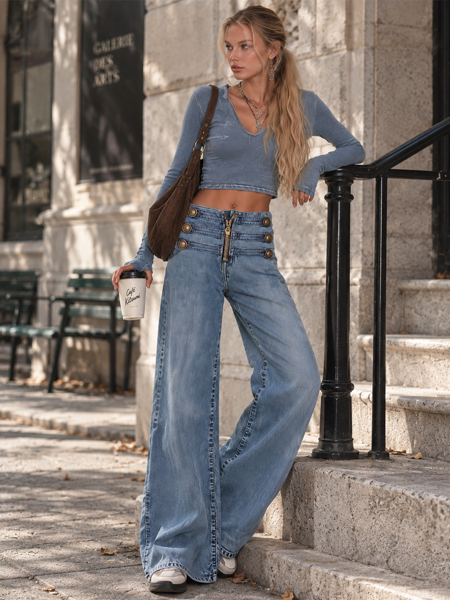 Florence Straight-Leg Jeans – Button Fly Ribbon Detail Casual Fit – Blue