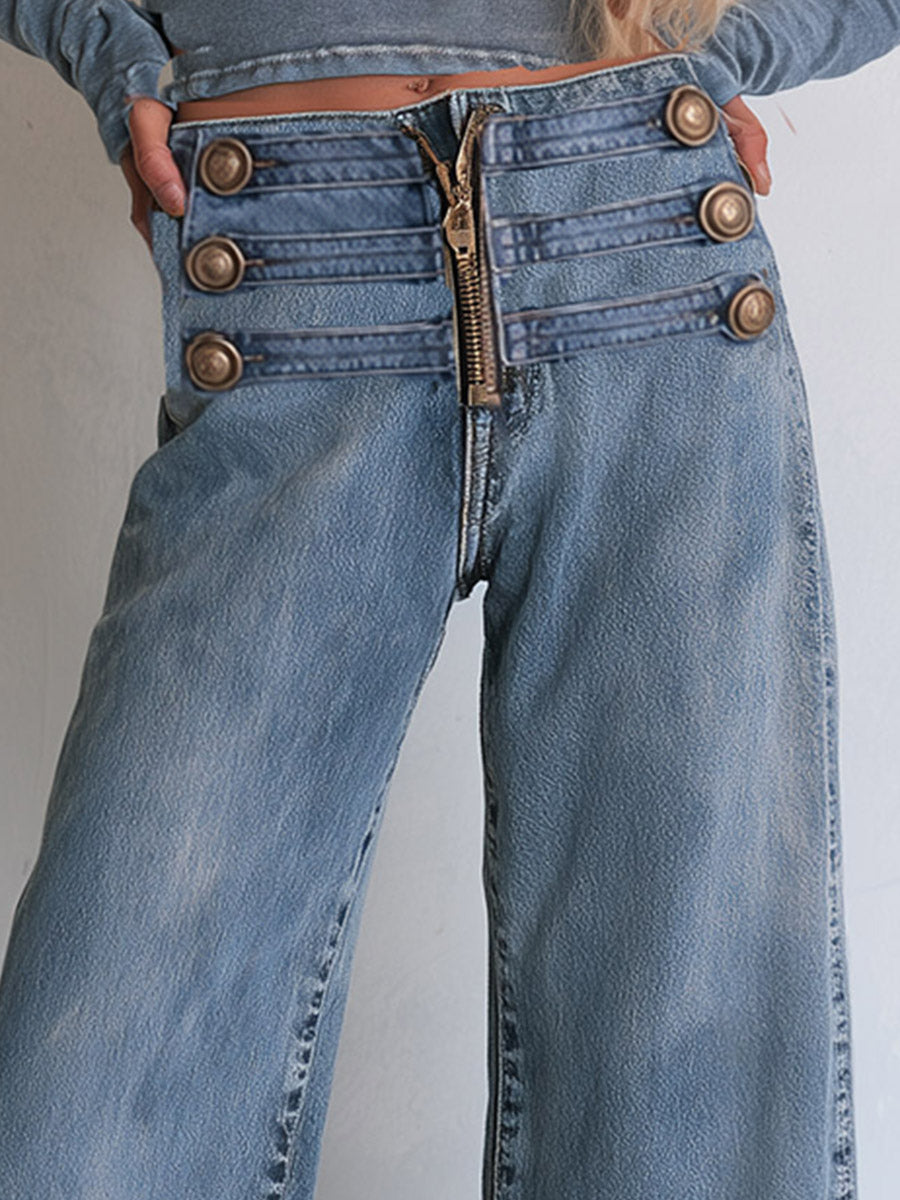 Florence Straight-Leg Jeans – Button Fly Ribbon Detail Casual Fit – Blue