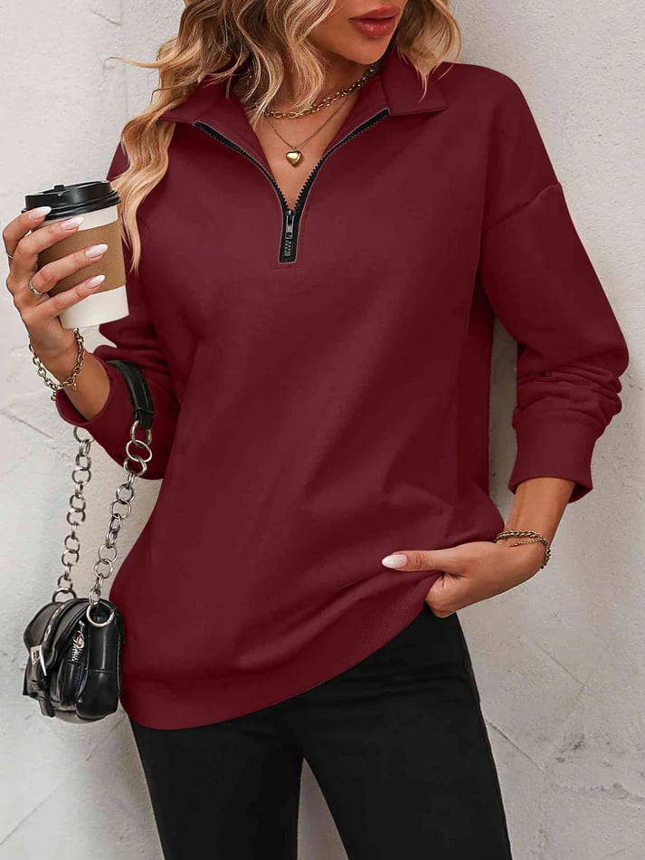 Harlow Quarter-Zip Sweatshirt – Collared Drop Shoulder Pullover Wine Red