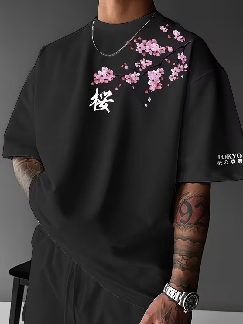Haruki Cherry Blossom Print T-Shirt – Black
