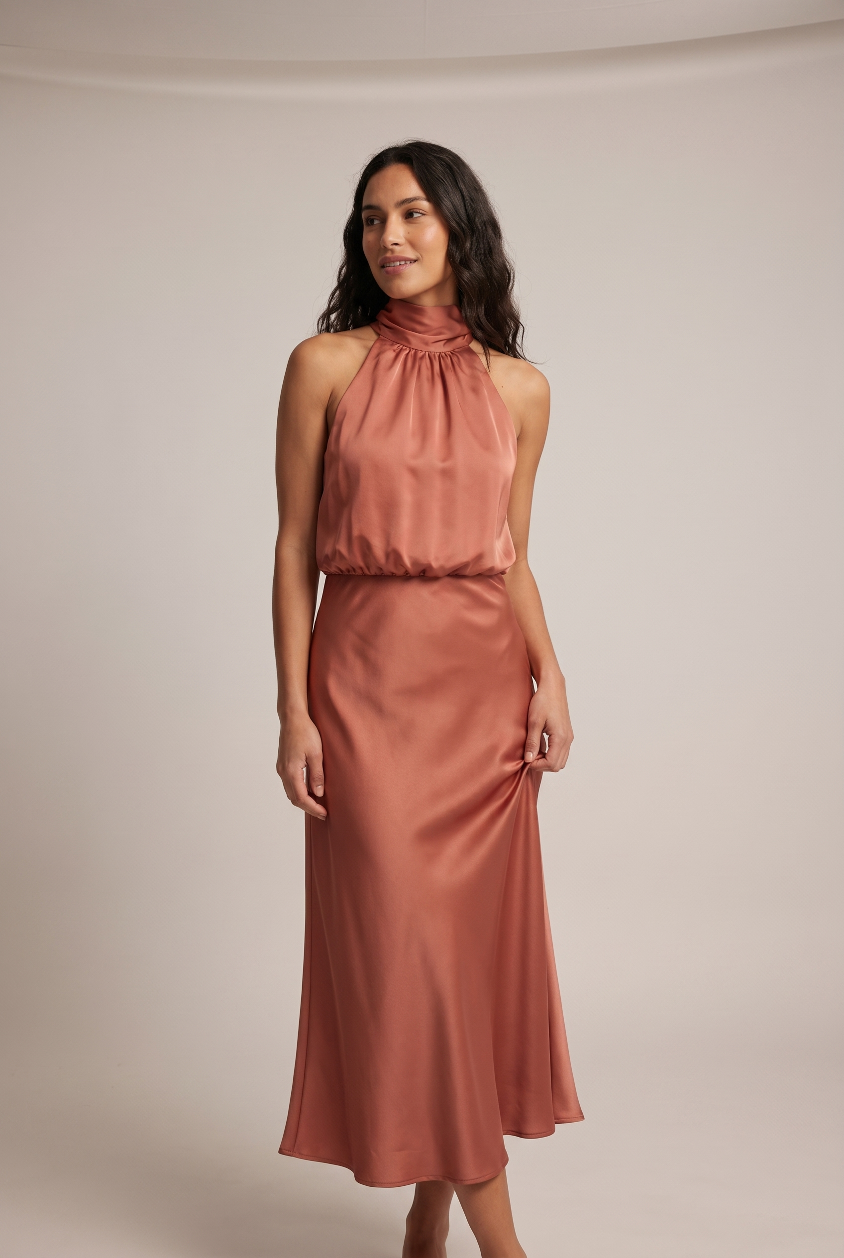 Dorvelli Women's High-Neck Draped Midi Dress in Terracotta Rose – front