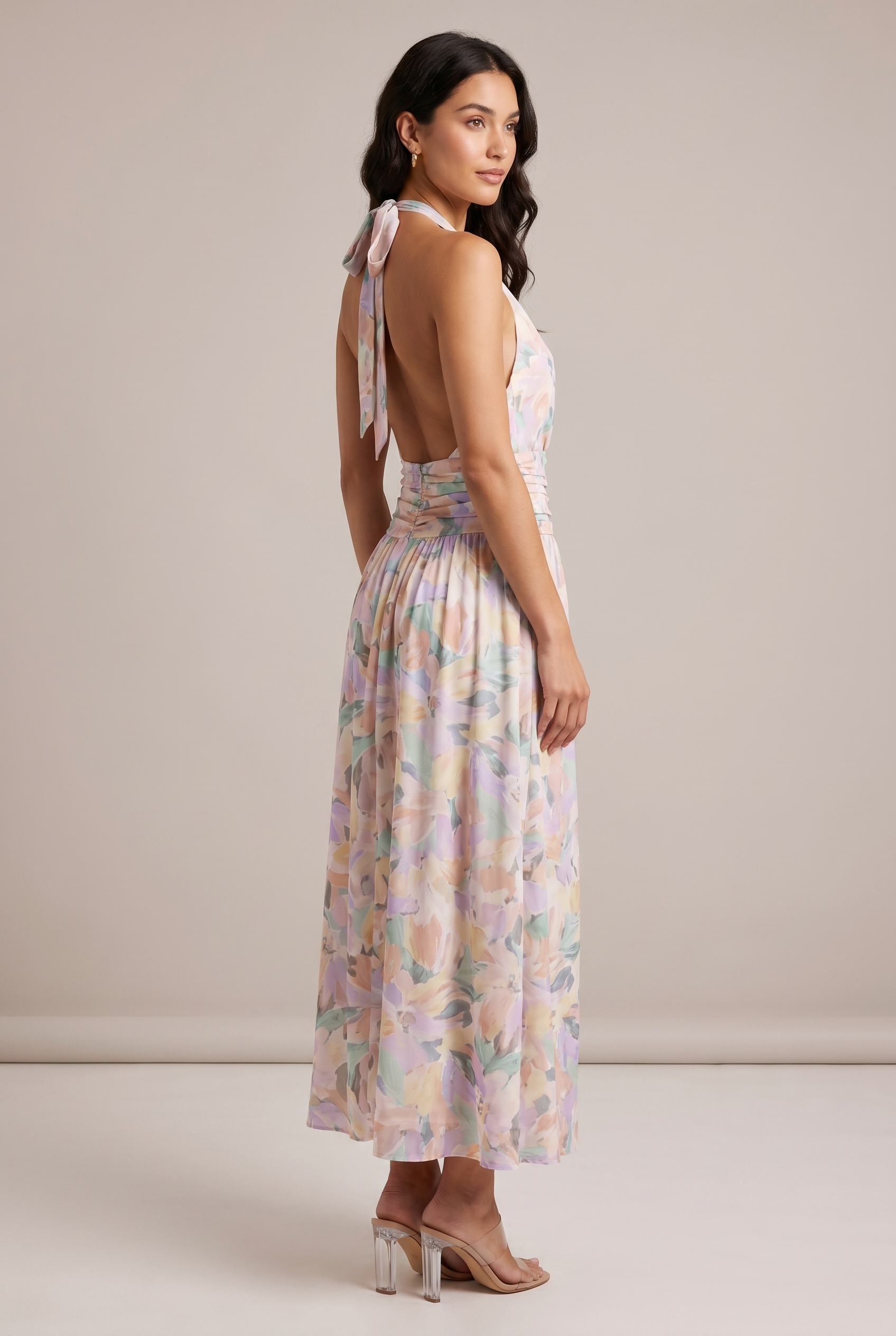 Dorvelli Halter Open-Back Maxi Dress – three-quarter view