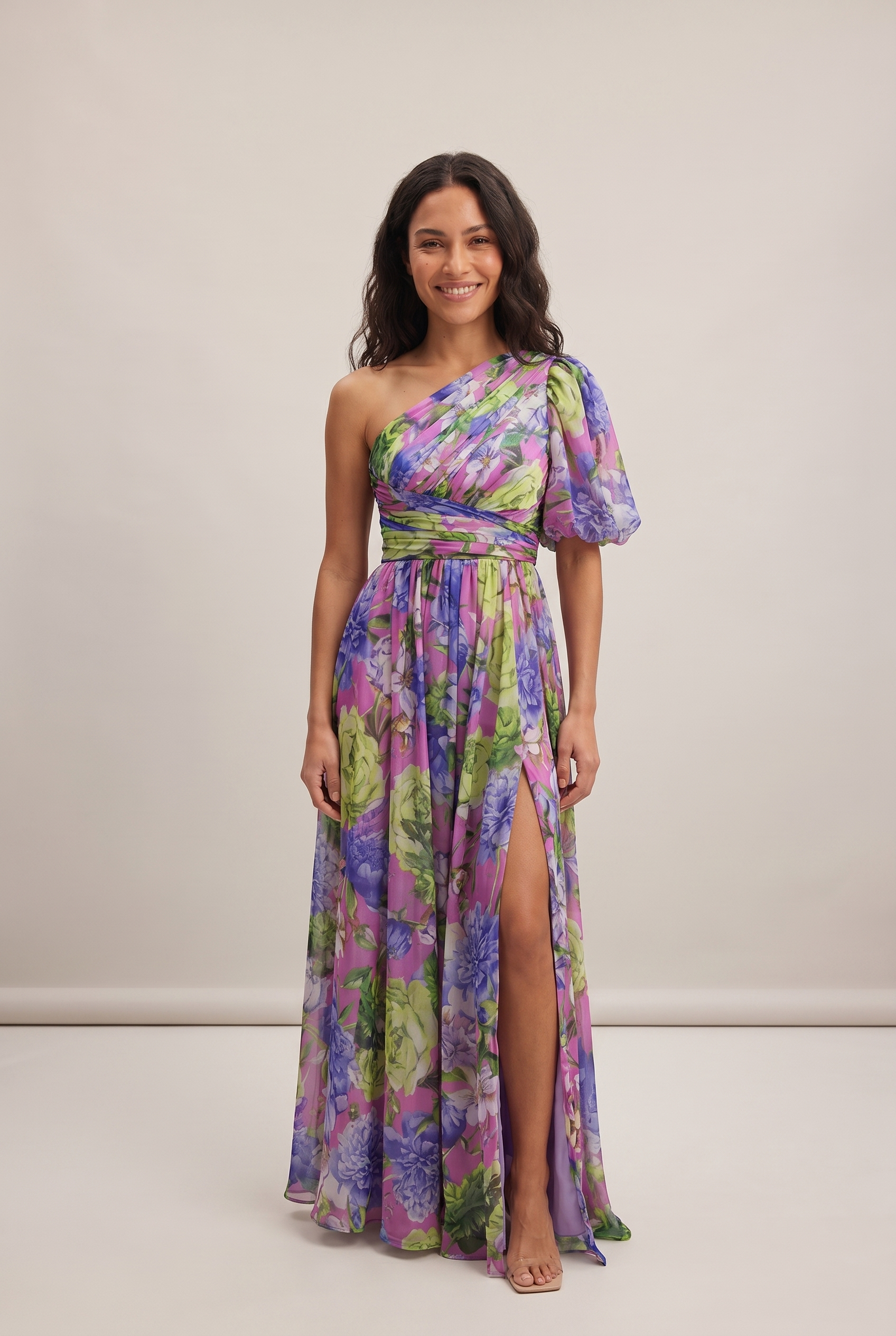 Dorvelli One-Shoulder Floral Maxi – Purple Floral
