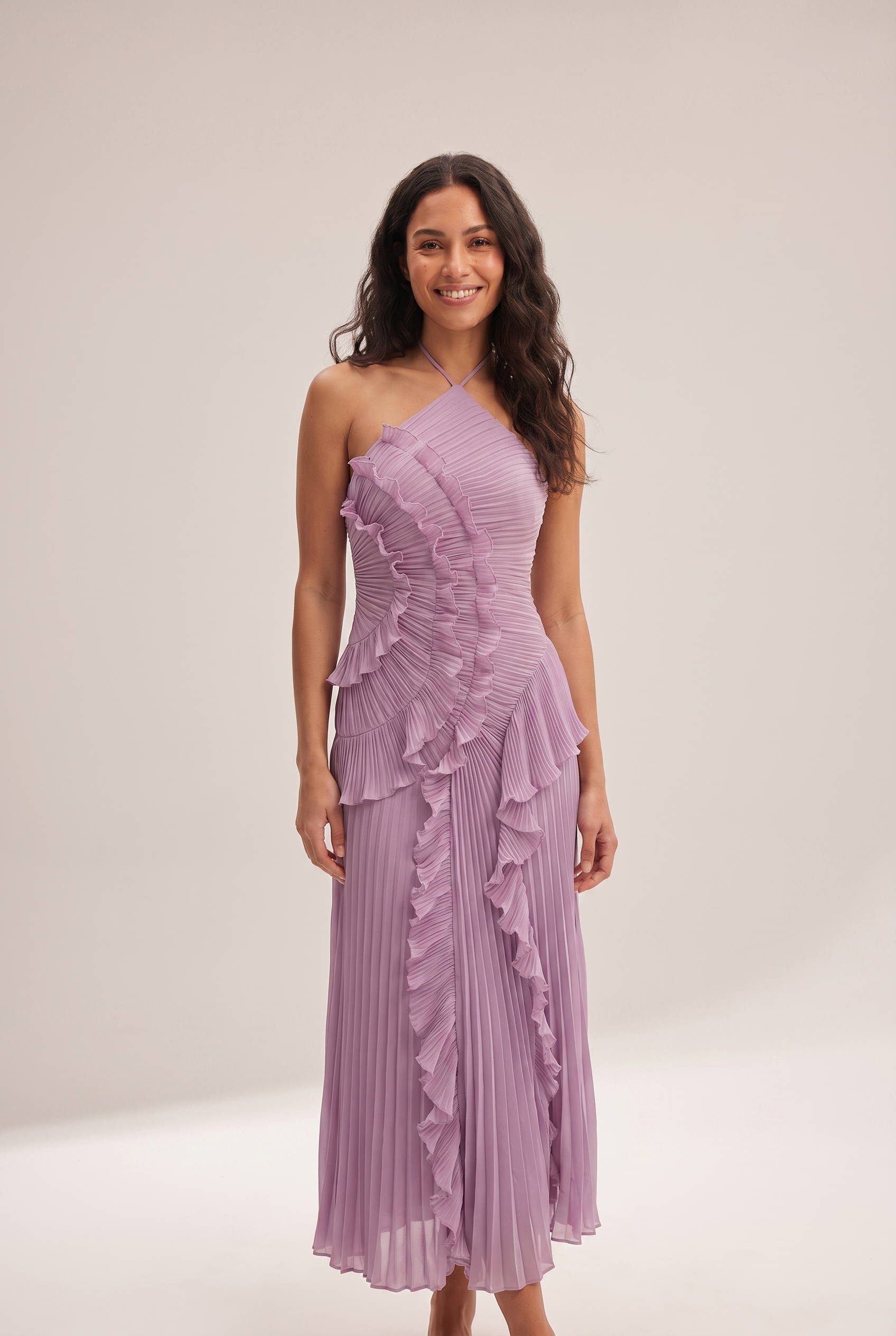 Dorvelli Pleated Halter Midi in Purple