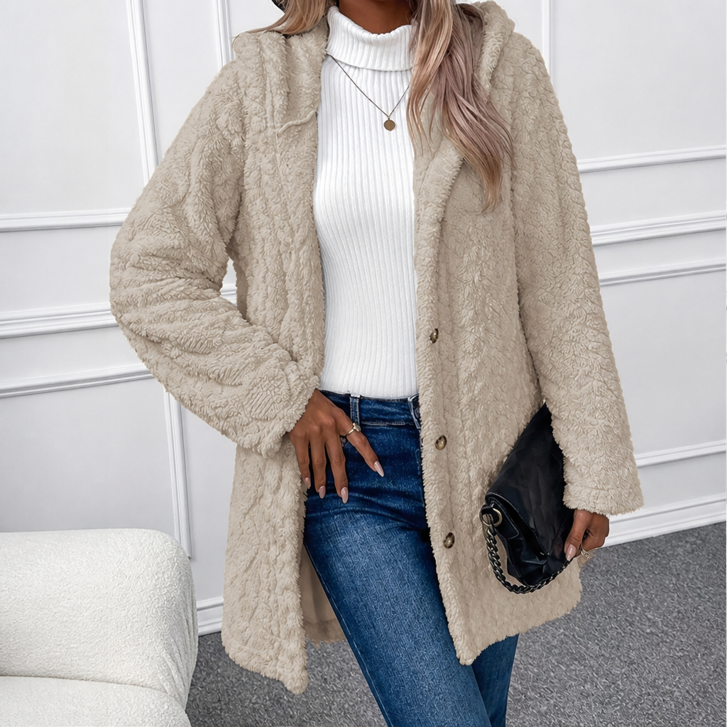 Dorvelli | Highland Hooded Longline Jacket – Embossed Texture Button Front