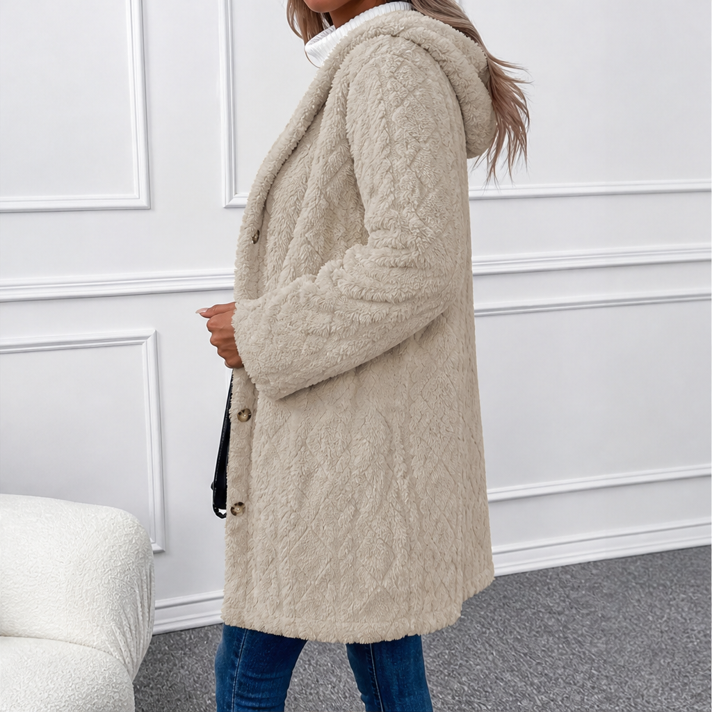Dorvelli | Highland Hooded Longline Jacket – Embossed Texture Button Front