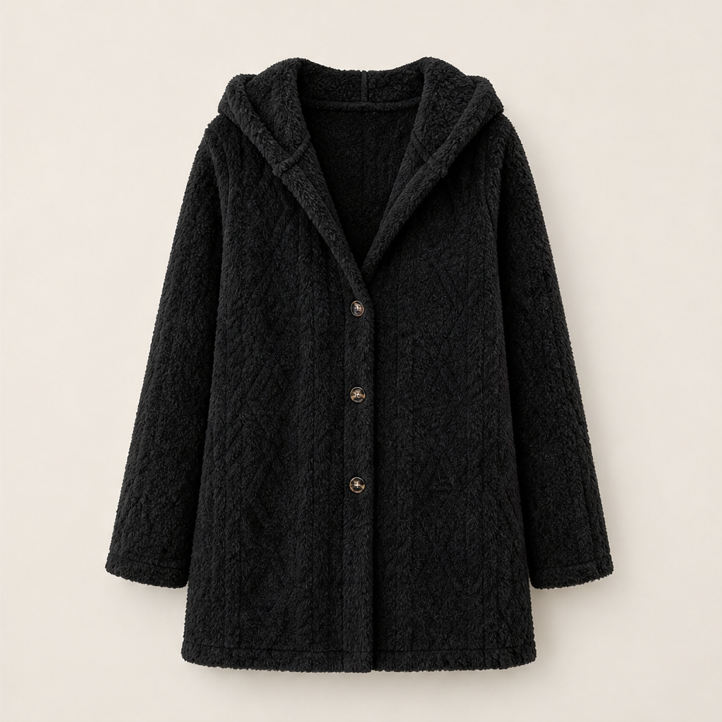 Dorvelli | Highland Hooded Longline Jacket – Embossed Texture Button Front – Black