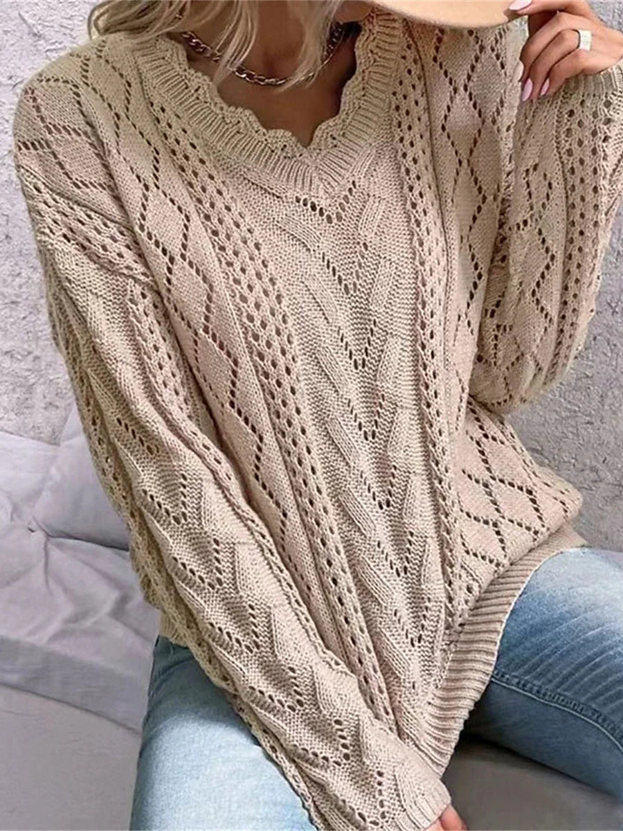 Honora Knit Cable V-Neck Jumper – Regular Fit Long Sleeves Open Knit | Dorvelli
