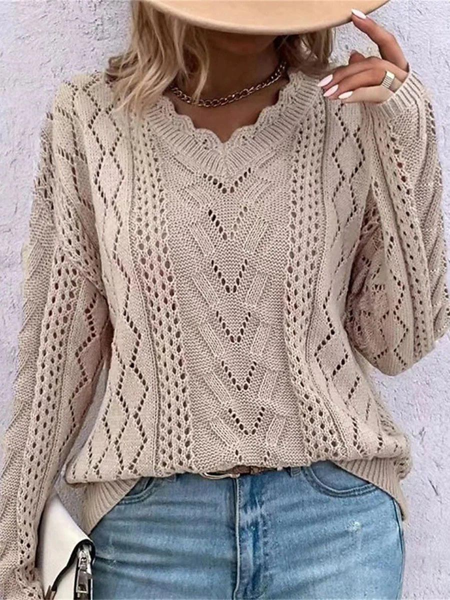 Honora Knit Cable V-Neck Jumper – Regular Fit Long Sleeves Open Knit | Dorvelli