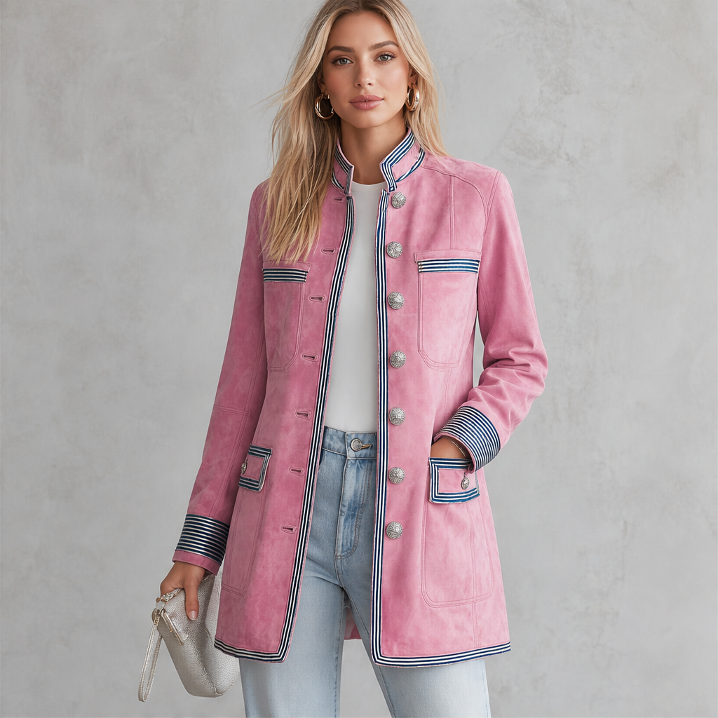 Valcourt Military Coat – Striped Trim Stand Collar Longline