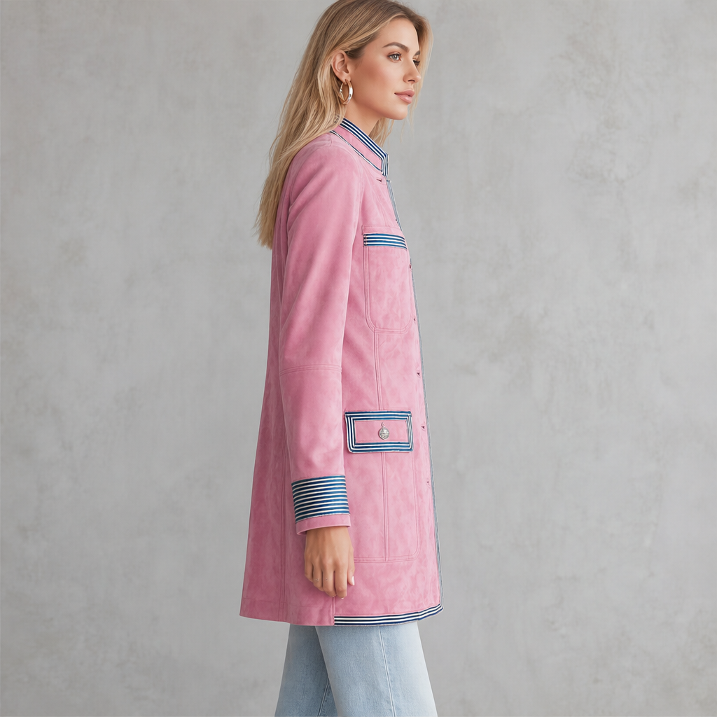 Valcourt Military Coat – Striped Trim Stand Collar Longline