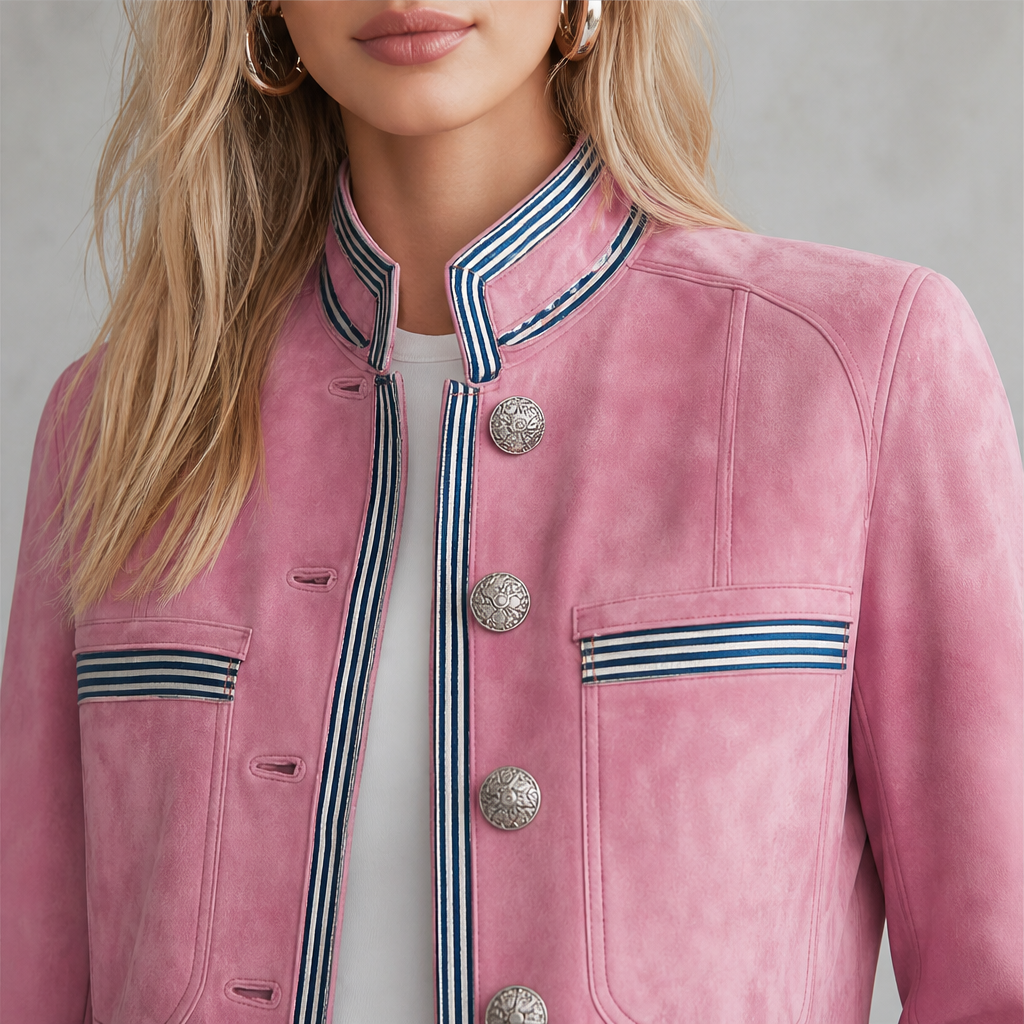 Valcourt Military Coat – Striped Trim Stand Collar Longline