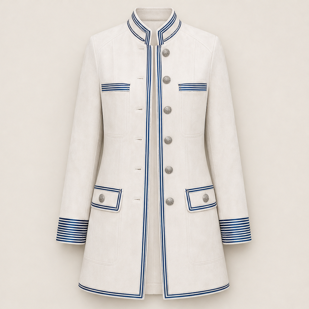 Valcourt Military Coat – Striped Trim Stand Collar Longline