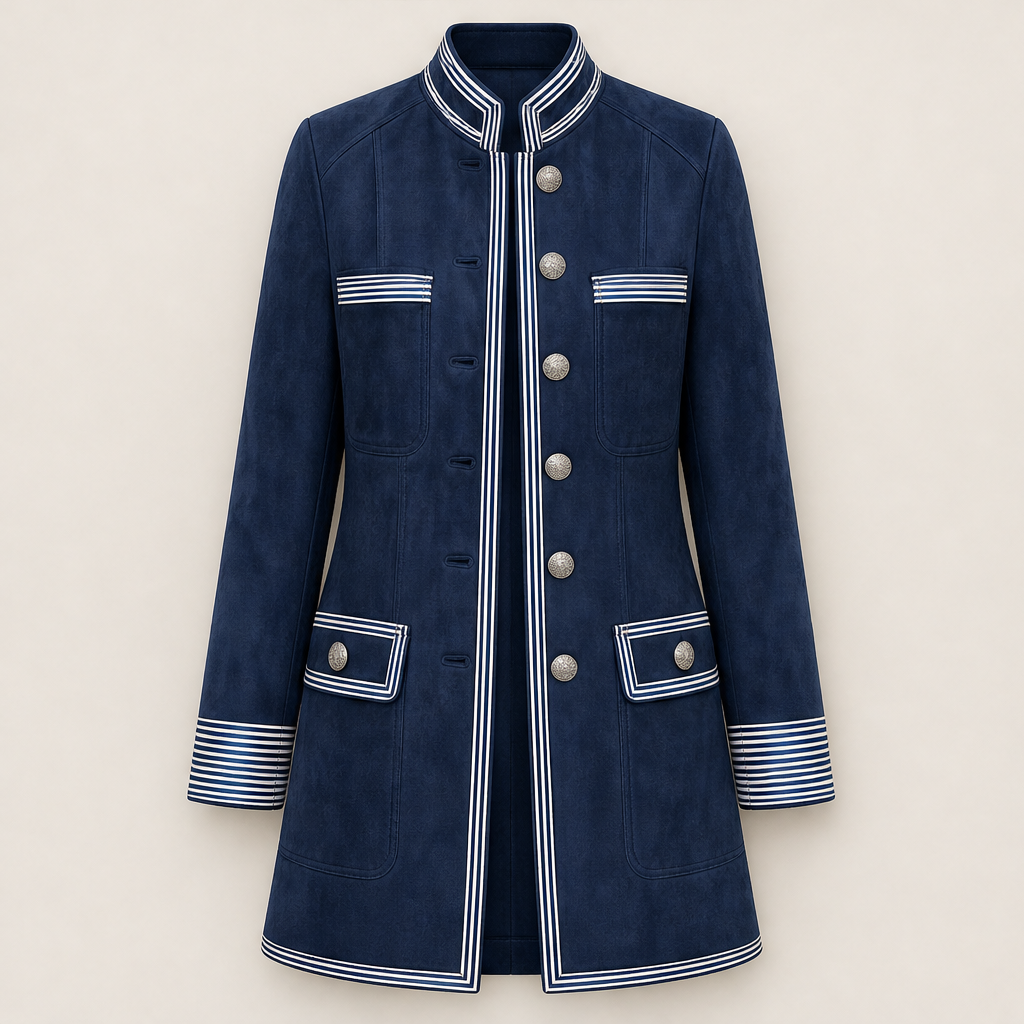 Valcourt Military Coat – Striped Trim Stand Collar Longline